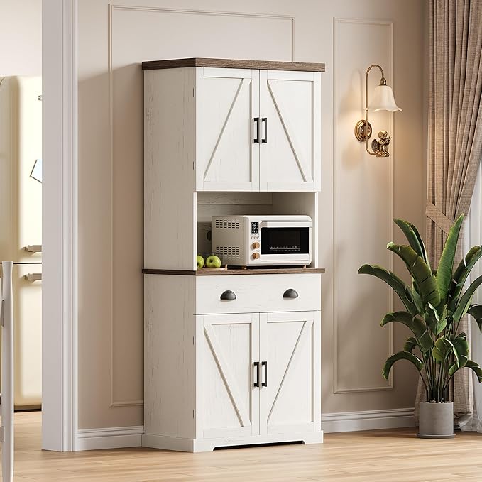 ChooChoo 72" Pantry Cabinet with Storage Drawers, Farmhouse Kitchen Hutch Bar Cabinet with Microwave Stand, Kitchen Cupboard with Door Shelves for Dining Room, Living Room, Antique White & Brown
