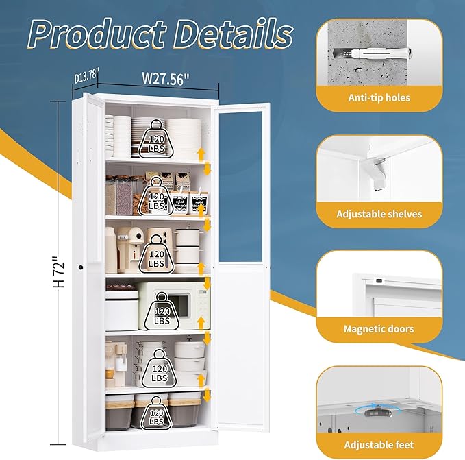 Kitchen Pantry Cabinet, 72" H Storage Cabinet with Glass Doors and Adjustable Shelves, Metal Bathroom Cabinets, Utility Cabinets for Kitchen, Living Room Assembly Required, White