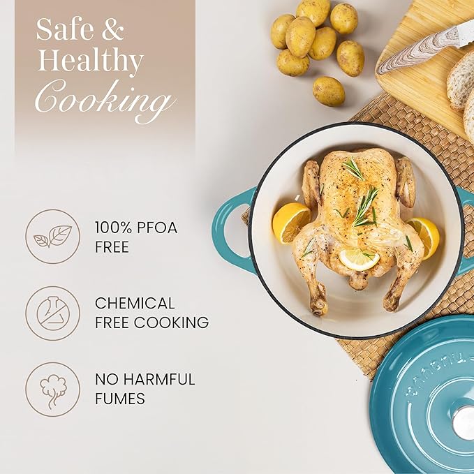 Nuovva Enamelled Cast Iron Dutch Oven Pot with Lid ??6.4 Quart Non Stick Casserole Pot ??Heavy Duty & Oven Safe up to 500째 F for Bread Baking, Braising, Stews, Roasting ??28cm Teal