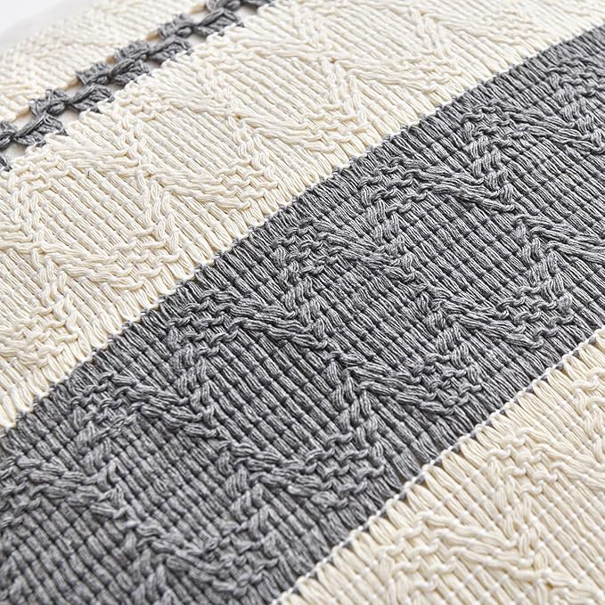 Fancy Homi Set of 2 Neutral Grey Farmhouse Decorative Throw Pillow Covers 18x18 Inch for Couch Bed Chair Indoors, Vintage Country Rustic Retro Room Decor, Soft Thick Cotton Handmade Woven Cushion Case