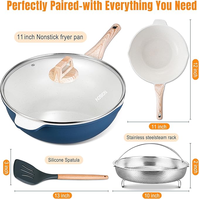 AOSION 11 Inch Nonstick Ceramic Deep Frying Pan Skille with Lid,5QT Saut챕 Pan for Cooking with Steam Rack,Healthy Large Skillet,Stay Cool Handle, Induction Compatible, PFOA & PFAS Free. (BLUE)