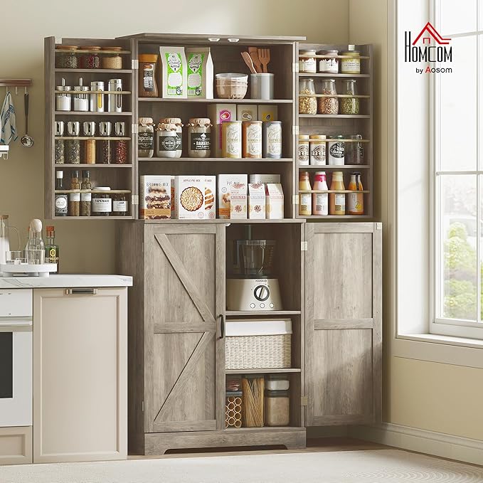 HOMCOM 72" Farmhouse Kitchen Pantry Cabinet, Freestanding Tall Storage Cabinet with 4 Barn Doors, 4 Adjustable Shelves and 8 Door Shelves, Gray Wash