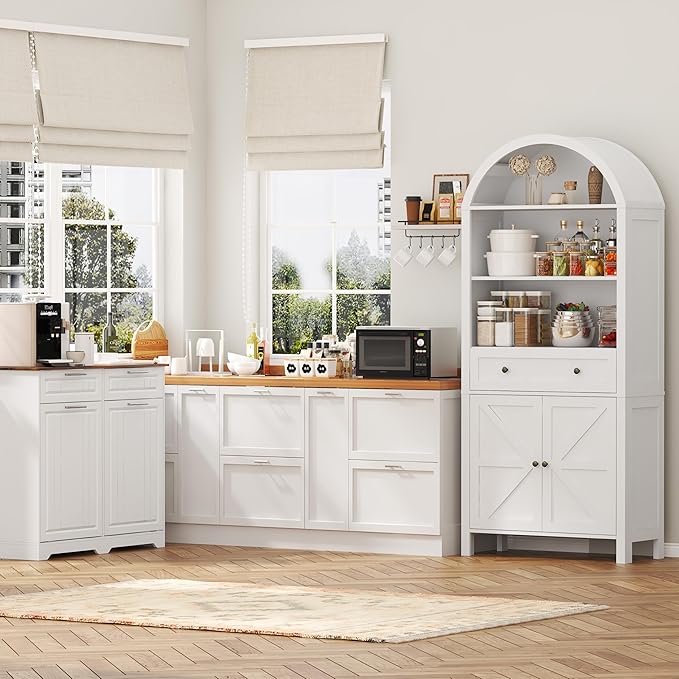 Arched Cabinet with Doors, 71" Tall Freestanding Pantry Cabinet with Large Drawer and 3 Tier Open Shelves, Farmhouse Wood Storage Cabinets, Versatile Cupboard for Kitchen and Dining Room, White