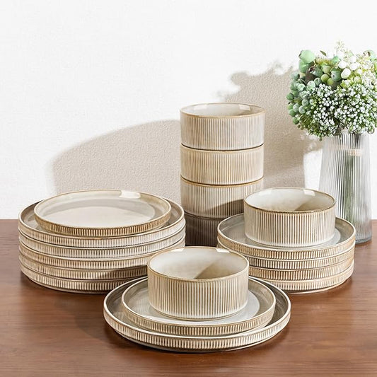 GBHOME Stoneware Dinnerware Sets for 8,Round Reactive Glaze Ceramic Plates and Bowls Set,Highly Scratch Resistant| Dishwasher & Microwave Safe Dishes Set,Service for 8(24pc)竊똂appuccino
