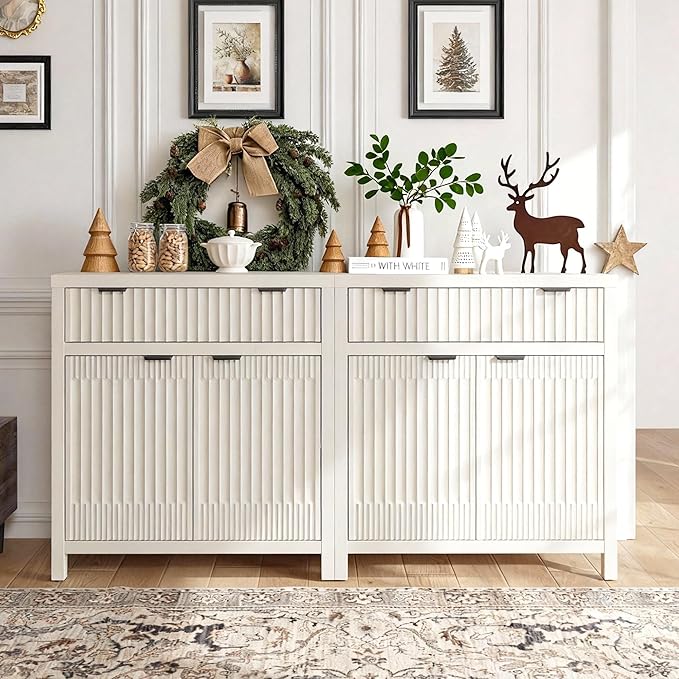 FLOWBACK Buffet Cabinet with Storage,Modern Credenza with Fluted Doors & Shelves Coffee Bar Media Console Accent Cabinets for Living Room, Entryway (White, 2 Door + 1 Drawer(2 Piece))