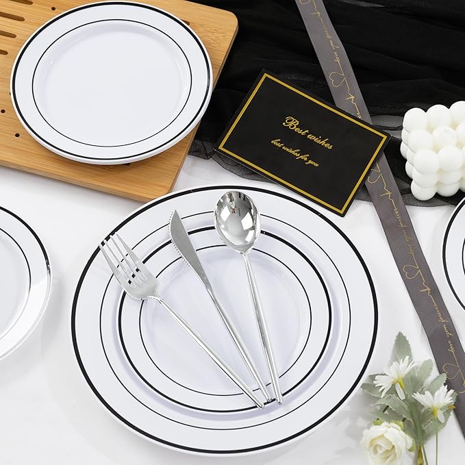 U-QE 100pcs Black Plastic Plates for Party - Black Plates Disposable Heavy Duty - Include 50 10" Dinner and 50 7" Dessert Plate, Fancy Plastic Plate for Party, Wedding, Birthday