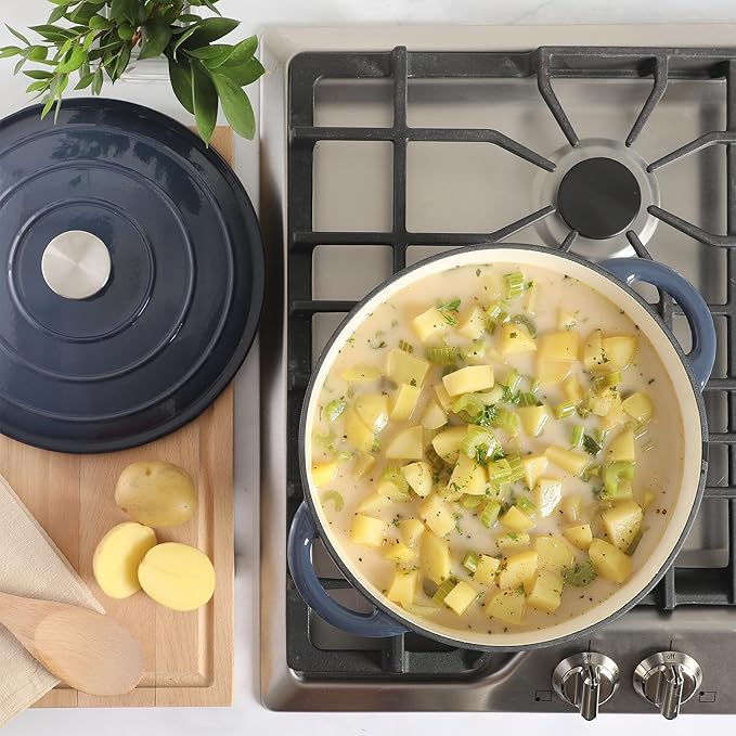 Gibson Home Addlestone 7 Qt Enameled Cast Iron Dutch Oven Pot with Lid ??Round, Oven Safe to 500째F, Ideal for Bread Baking & Stews - Gradient Navy Blue