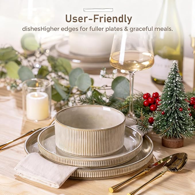 GBHOME Stoneware Dinnerware Sets for 4,Round Reactive Glaze Ceramic Plates and Bowls Set,Highly Scratch Resistant | Dishwasher & Microwave Safe Dishes Set,Service for 4(12Pcs)竊똂appuccino