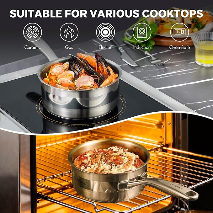 1 Quart Stainless Steel Saucepan with Lid, 6 Inch Hybrid Nonstick Sauce Pan,Small Cooking Pots,PFAS PFOA PTFE Free,Stay-Cool Handle, Dishwasher-Friendly, Oven-Safe,Compatible with All Cooktops