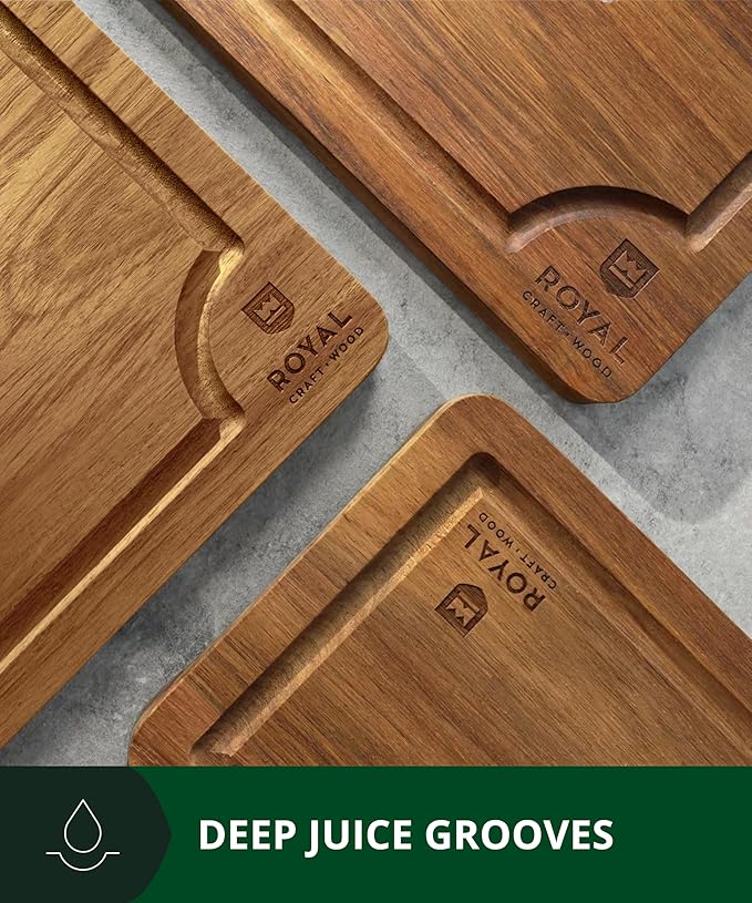 ROYAL CRAFT WOOD Acacia Wood Cutting Boards Set of 3 ??Premium Wooden Cutting Boards for Kitchen Meal Prep & Serving - Charcuterie & Chopping Butcher Block for Meat with Deep Juice Groove Side Handles