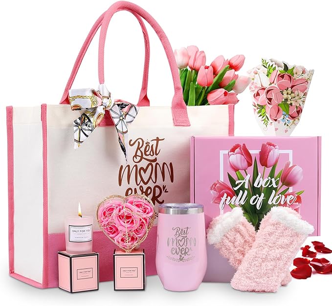 Christmas Gift baskets for Mom, Christmas Gift Sets for Mother from Daughter Son, Birthday, Thanksgiving Day, Care Package for Mother with Canvas Tote Bag Sock Tumbler Soap Flower Pink