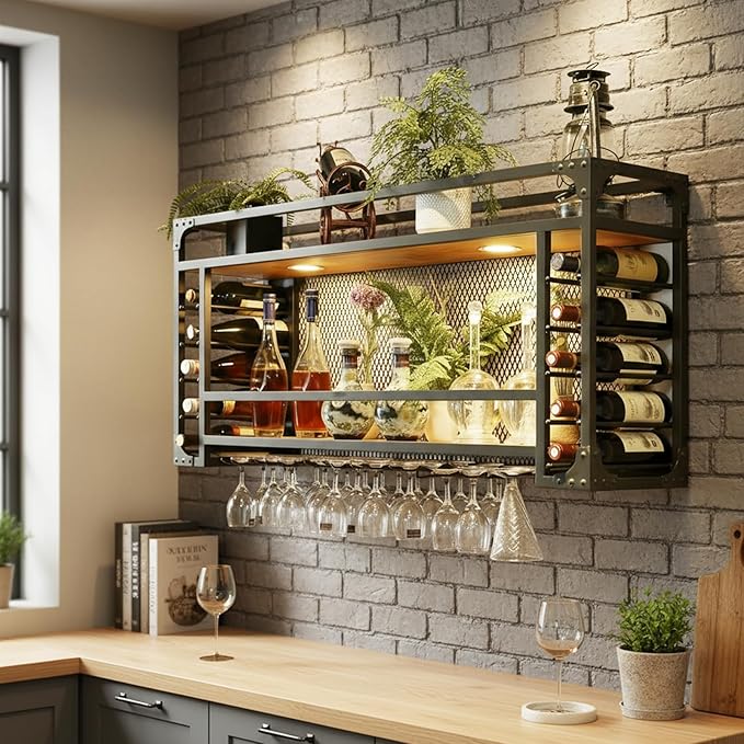 39.3in Wall Mounted Wine Racks, Hanging Wine Rack, Large Capacity Wine Holder, Can Hanging Or Wall Mounted, Simple Type with Light Wine Rack for Bar, Restaurant, Indoor (BLACK, 39.3 * 11.8 * 21.6in)