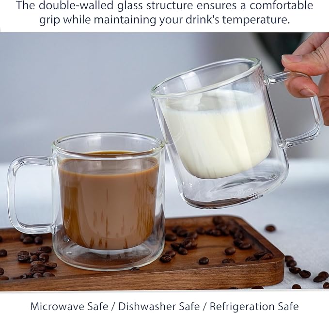 Aquach 2-Pack Double Walled Insulated 8oz Glass Coffee Mugs with Handle - Ideal for Espresso, Latte, Americano, and Cappuccino