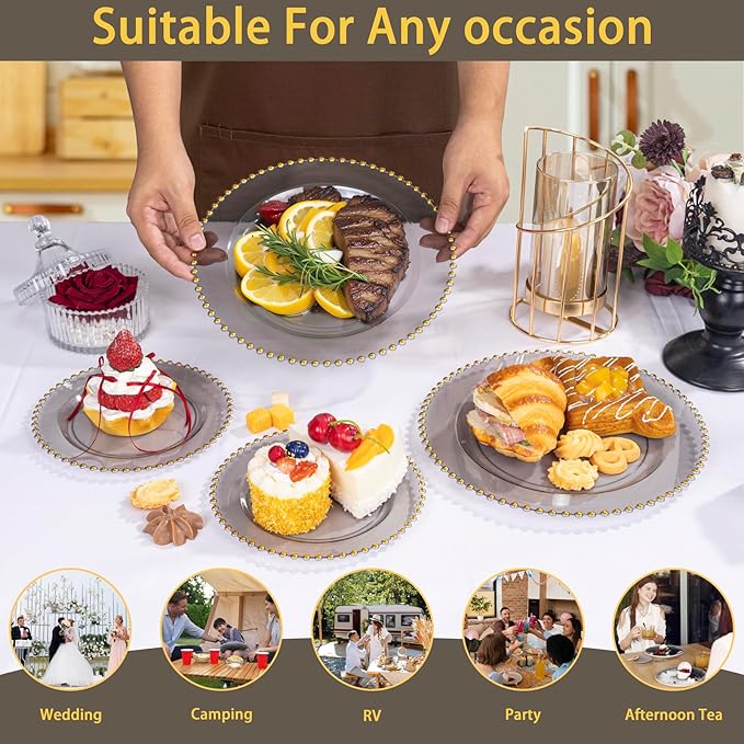 EI 60pcs Black and Gold Plastic Plates Clear with Black Disposable Plates Heavy Duty Gold Plastic Dinnerware Set For 30 Guests Perfect Wedding,Party,Birthday,Anniversary,Business Events,Hotel Banquets