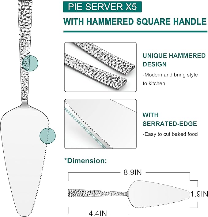 5-Piece Pie Server, E-far Hammered Stainless Steel Cake Server Spatula for Cutting Pastry Cheese Pizza, Serrated Edge with Square Handle, Mirror Polished & Dishwasher Safe-8.9 Inch