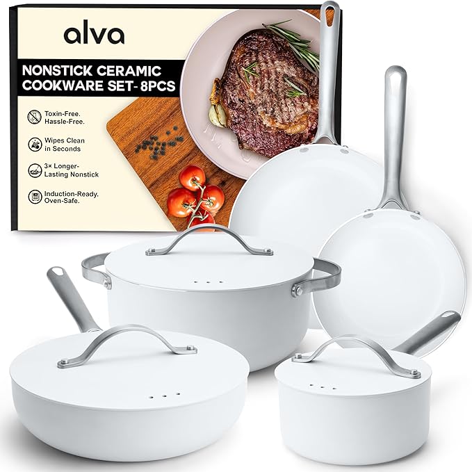 Alva Mobi 8?멠iece Ceramic Nonstick Cookware Set ??Made without PFAS/PFOA/PTFE, Induction & Oven Safe, Easy?멌lean Pots & Pans with Lids, Recycled Aluminum + Stainless Handles