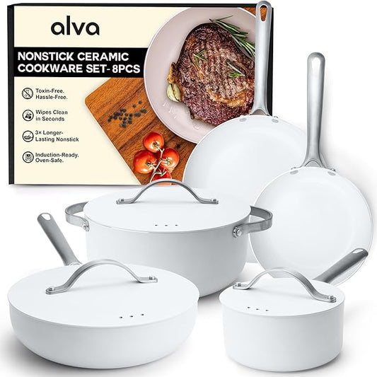 Alva Mobi 8?멠iece Ceramic Nonstick Cookware Set ??Made without PFAS/PFOA/PTFE, Induction & Oven Safe, Easy?멌lean Pots & Pans with Lids, Recycled Aluminum + Stainless Handles