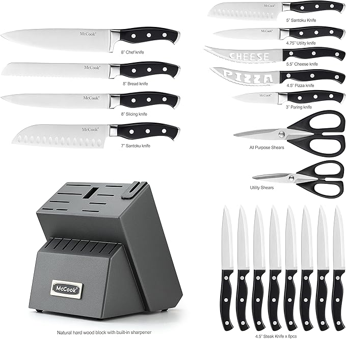 McCook짰 Knife Sets, German Stainless Steel Forged Kitchen Knives Block Set with Built-in Knife Sharpener