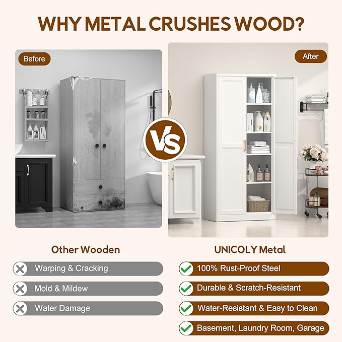 71" Kitchen Pantry Cabinet, Pantry Storage Cabinet with Doors and 4 Shelves, Metal Storage Cabinets for Kitchens, Living Room, Dinning Room, Assembly Required, White