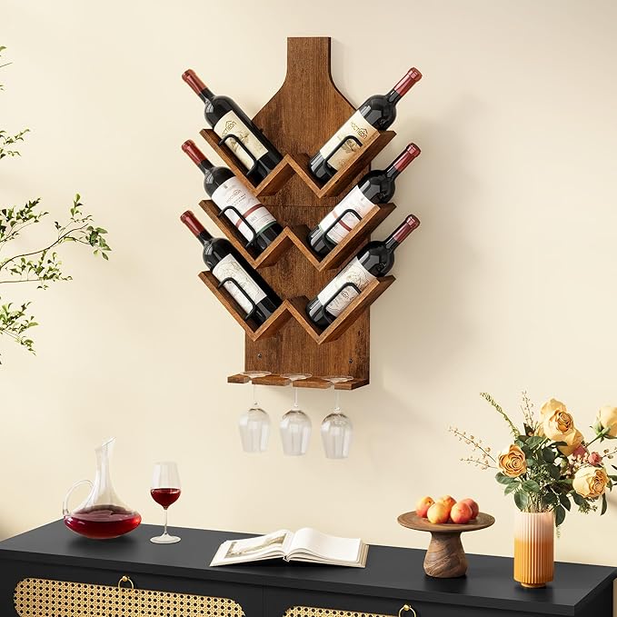 Hoctieon Wine Rack Wall Mounted, 6 Bottles Wood Wine Rack for Display and Storage, Hanging Bottle Holder Bar Shelves for Living Room, Kitchen, Dining Room, Wine Cellar, Rustic Brown