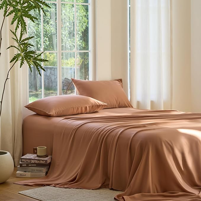 DOZ Sheet Set, 100% Viscose derived from Bamboo, Organically Grown, Buttery Soft, Cooling Sheets, High GSM, Deep Pockets - 4 Piece - 2 Pillowcases 1 Fitted 1 Top Sheet (Clay, Cal King)