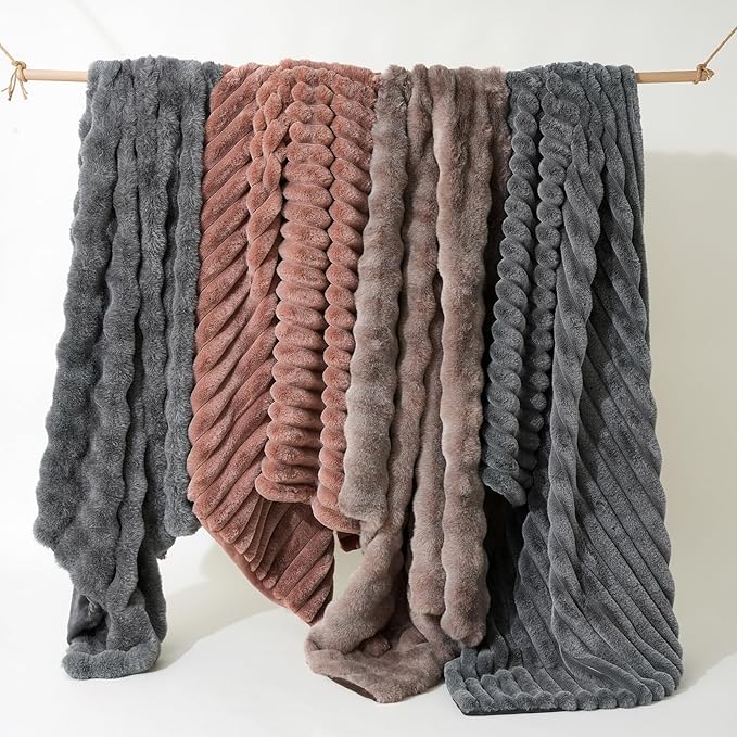 Am챕lie Home Faux Fur Throw Blanket for Couch, Ultra Cozy Fuzzy Fluffy Fur Luxurious Soft Striped Plush Gift Blankets for Family Sofa Chair Bedroom, 55"x70", Cationic Fox Brown