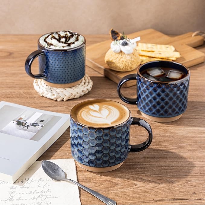 GBhome 12 OZ Stackable Coffee Mugs, Ceramic Coffee Mugs with Texture Patterns for Man,Woman,Dad,Mom, Modern Coffee Mugs Set of 4 for Latte/Cappuccino/Cocoa. Dishwasher&Microwave Safe