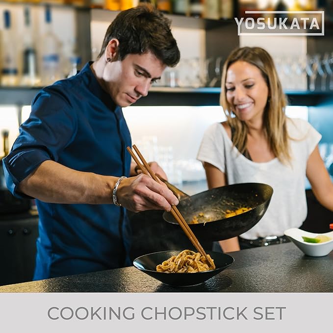 YOSUKATA Carbon Steel Wok Pan11.8 in + 17" Wok Spatula and Ladle and Turner + Reusable Natural Wooden Long Cooking Chopsticks Set of 3 pairs