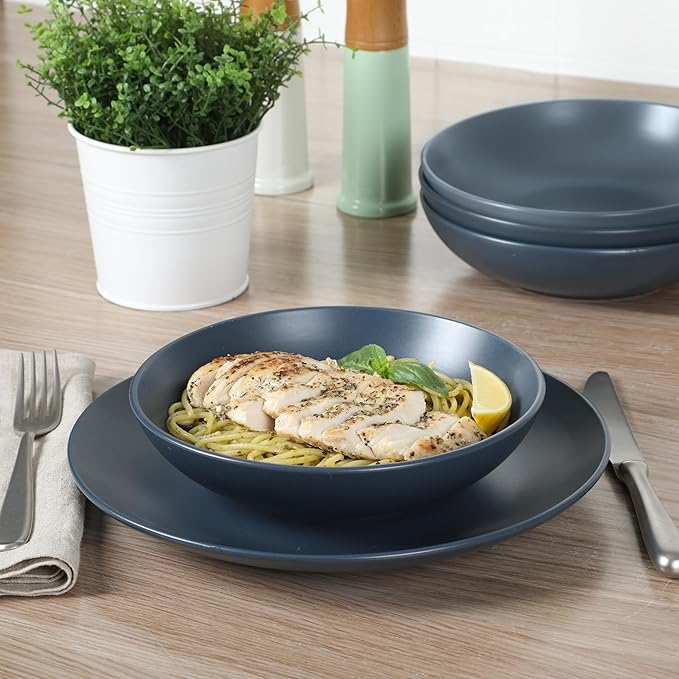 Gibson Home Queenslane 16-Piece Matte Blue Stoneware Dinnerware Set ??Double Bowl Plates and Bowls, Durable Kitchen Dinner Set