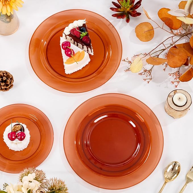 I00000 200 Pcs Clear Brown Plastic Plates - Elegant Disposable Plastic Party Plates Include 100 Dinner Plate 10?쇺?and 100 Dessert Plate 7?쇺?Perfect for Birthday, Party & Wedding