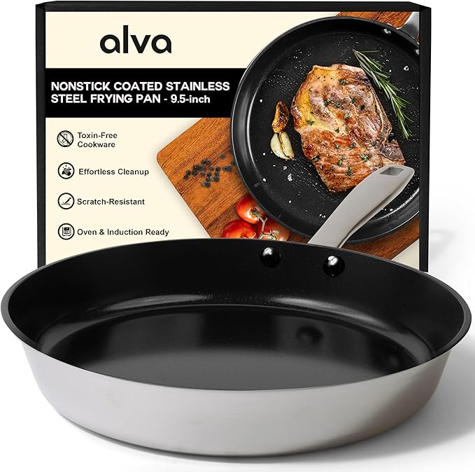 Alva Maestro 9.5-Inch Stainless Steel Nonstick Frying Pan ??Made Without PFAS, PFOA & PTFE Ceramic Coating ??Reinforced 5-Ply Aluminum Core, Oven & Induction Safe for Even Heat, Easy to Clean Coating