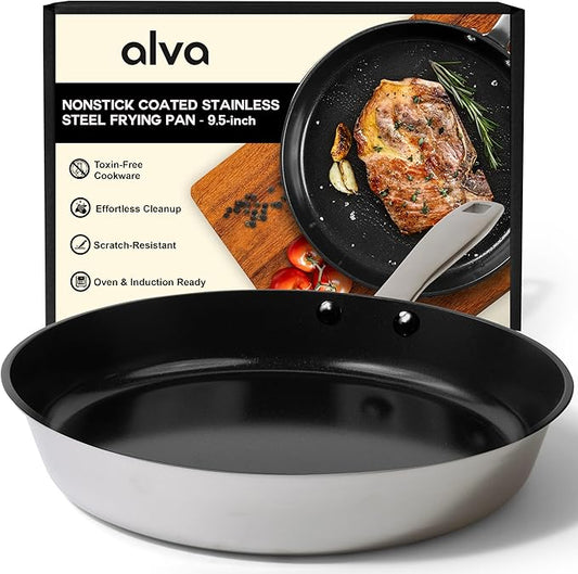 Alva Maestro 9.5-Inch Stainless Steel Nonstick Frying Pan ??Made Without PFAS, PFOA & PTFE Ceramic Coating ??Reinforced 5-Ply Aluminum Core, Oven & Induction Safe for Even Heat, Easy to Clean Coating
