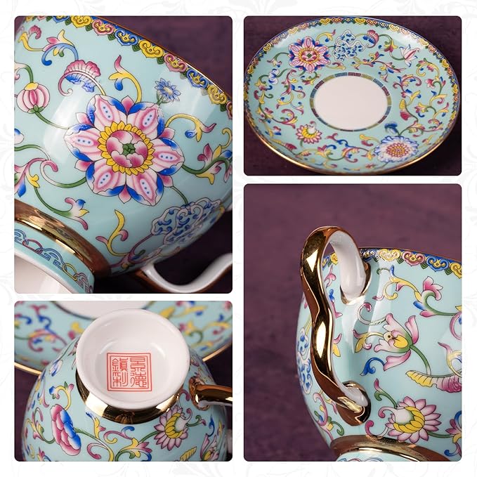 KAMMAK Tea Cups and Saucers Set of 2, Porcelain Coffee Cups with Saucer for Espresso, Cappuccino, 7.5oz Vintage Yellow and Blue Ceramic Novelty Mug for Home, Tea Party, Office