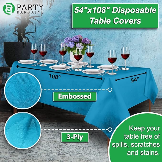 PARTY BARGAINS Disposable Table Covers, 54 x 108 Inch, Blue, 3-Ply Paper & Plastic Spill-Resistant Party Tablecloths, 5 Pack