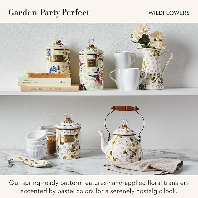 MACKENZIE-CHILDS Wildflowers Enamel Canister, Floral Kitchen Storage Container with Lid, Large