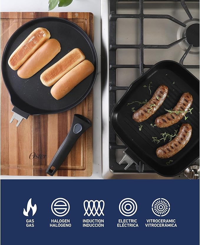 Oster SmartHandle 2-Piece Fry Pan & Pancake Pan Set ??Nonstick Cookware with Removable Handle, Oven & Dishwasher Safe, Space-Saving Design