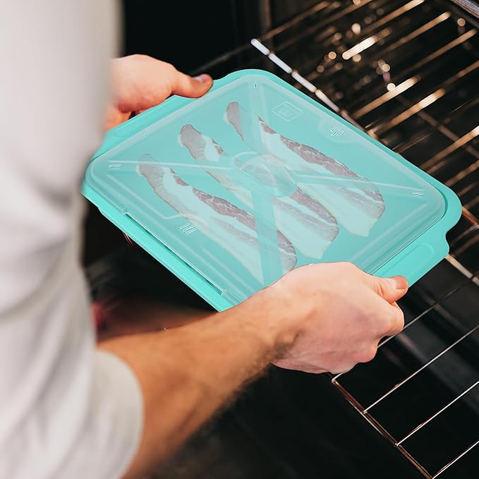 MMUGOOLER 2 Pack Microwave Easy Bacon Maker/Cooker with Lid, Safety, Quick and with No Mess, 11.3??L x 9.0" W x 2.4" H- Blue