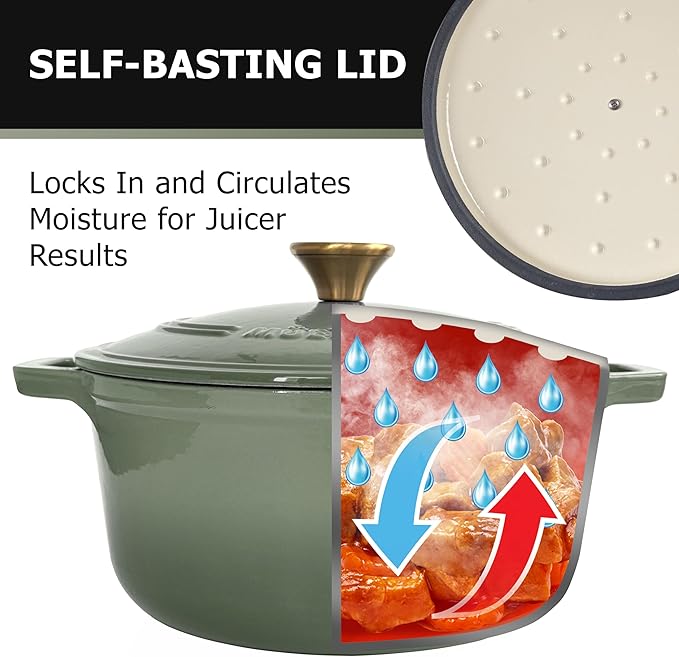 MUELLER HOME 6 Quart Enameled Cast Iron Dutch Oven For Sourdough Bread Baking, Heavy-Duty, Oven-Safe up to 500째 F & Across All Cooktops, Casserole Dishes, Green Kitchen Accessories, Thyme Green