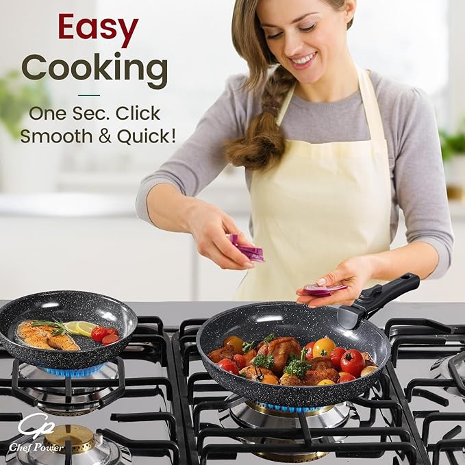 Chef Power Ceramic Nonstick Cookware Set 19 Piece with Detachable Handle, Induction Dishwasher Oven Safe Pans and Pots Set, RV Kitchen Set Removable Handle, Rock Stone Black