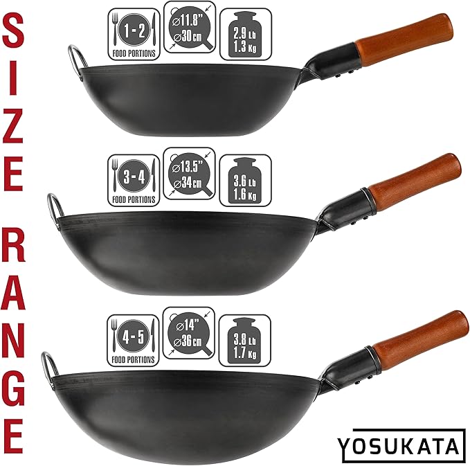 YOSUKATA 14" Carbon Steel Wok with Round Bottom ??Pre-Seasoned Pow Wok for Stir Fry ??Traditional Chinese Japanese Black Steel Pan ??Outdoor Cookware for Gas Stovetops, Open Fire, BBQ, Camping