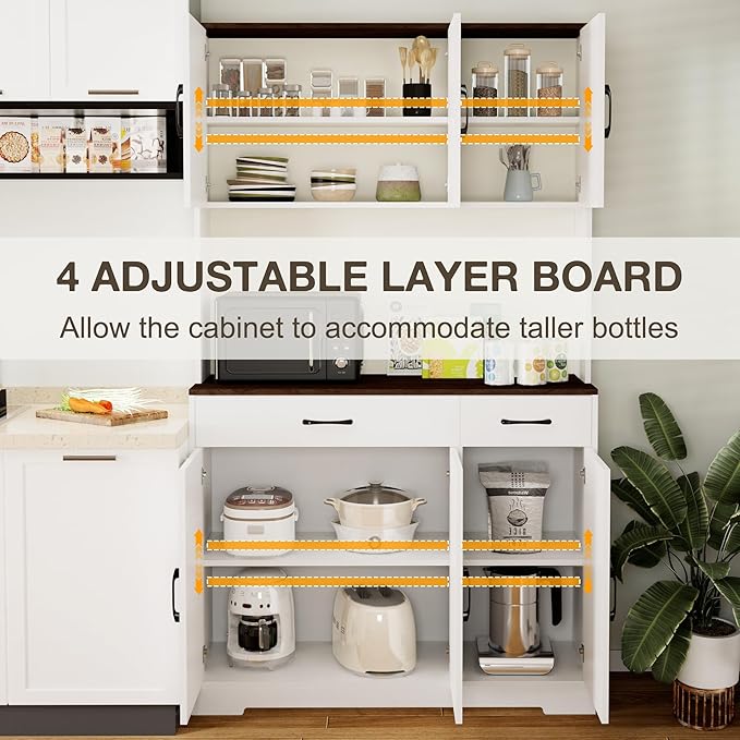 71" Pantry Cabinet with Charging Station, Kitchen Storage Cabinet with Microwave Stand, 8-Zone Organization, 2 Smooth-Glide Drawers, Open Countertop for Dining, Kitchen, Living Room (White)