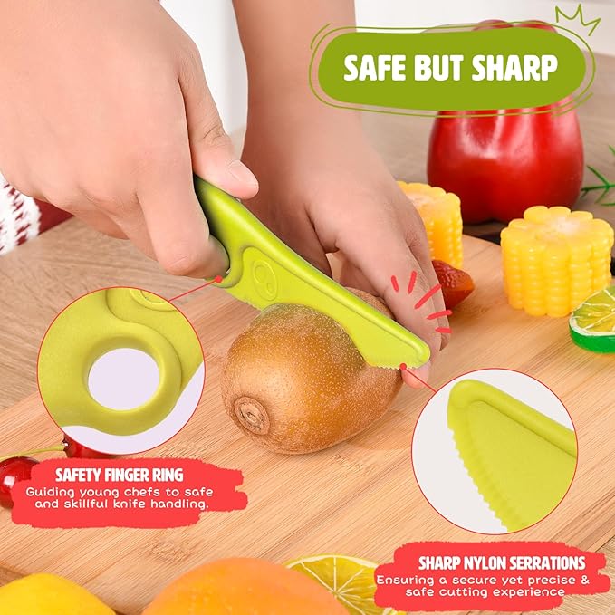 Toddler Learning Knife Set 4-Piece with Educational Ring for Real Cooking, Adorable Dog Design, Safe Serrated Edge for Cutting Training, and Premium Nylon Material Blade, (colors vary)