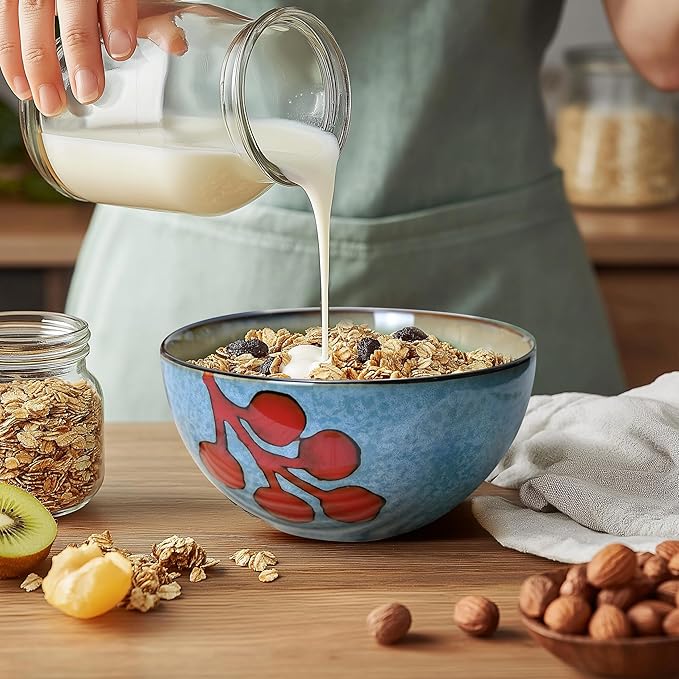 Ceramic Cereal Bowls Set of 6, Floral Design 6 inch ??28oz for Cereal, Salad, Soup, Dessert, or Snacks, Microwave, Dishwasher Safe