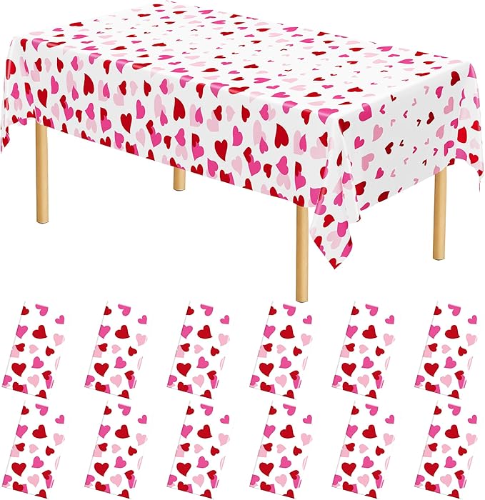 12 Pack Valentines Plastic Tablecloth, 54" x 108" Valentines Decorations, Heart Disposable Red Pink Galentine Tablecloths Love Party Favors, Love Decorations Table Decor for Birthday Party Supplies