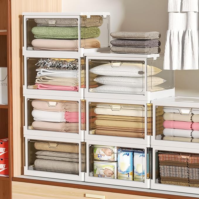 Clear Storage Bin with Lid 3 Pack ?륲tackable & Sturdy??Plastic Multifunctional Folding Storage Bins for Bedroom, Living Room, Study,Room, 23 QT Folding Box with Magnetic Door