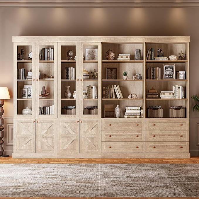 71" Farmhouse Bookcase with Glass Doors & Drawers, Tall Wooden Storage Cabinet with Adjustable Shelves for Living Room, Kitchen, Home Office, Dining Room ??Rustic Brown, Set of 4