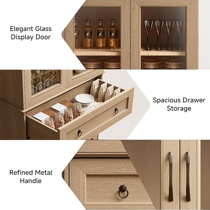 Set of 2 72" Tall Kitchen Pantry Storage Cabinets with Glass Doors and Drawer, Farmhouse Cupboards with Adjustable Shelves, Freestanding Food Pantries for Kitchen, Dining Room, Natural