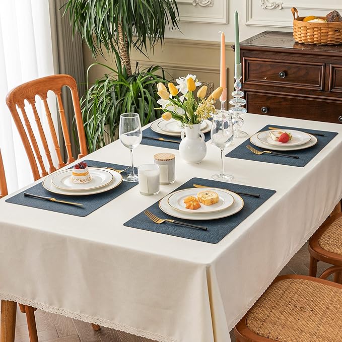 Romanstile Vinyl Placemats Set of 6-12 X 17 Inch - Heat Resistant Place Mats 100% Waterproof Oilproof Wipeable Reversible Faux Leather Table Mats for Kitchen, Dining, Party, Outdoor, Navy Blue