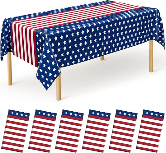 QZYL 6 Pack 4th of July Decorations, 54" x 108" USA Plastic Table Cover, Water Proof Fourth of July Tablecloth Patriotic Tablecloths, Red White Blue USA Decor Memorial Day Party Supplies