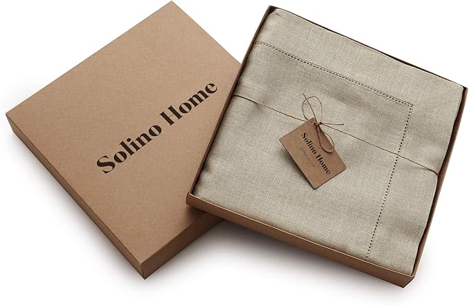 Solino Home Linen Tablecloth for Rectangle Tables 60 x 144 Inch - Classic Hemstitch 100% Pure Linen Natural Table Cloth - Machine Washable Cloth Tablecloth for Spring, Easter